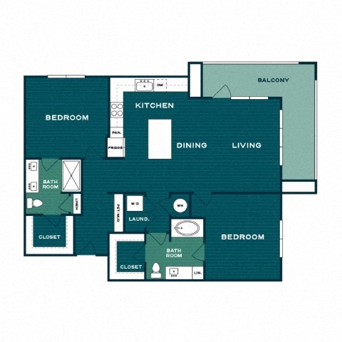 Floor plan for 2 beds, 2 baths, 1278 sqft
